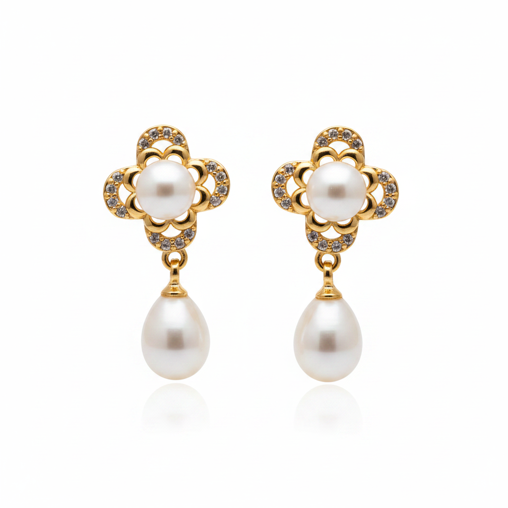 Flower Pearl Drop Earrings - White BG