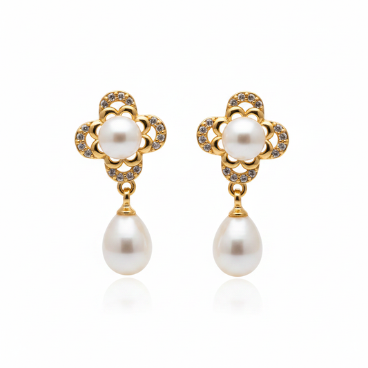 Flower Pearl Drop Earrings - White BG
