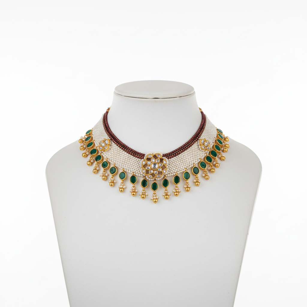 Flower Polki Emerald Necklace on Mannequin