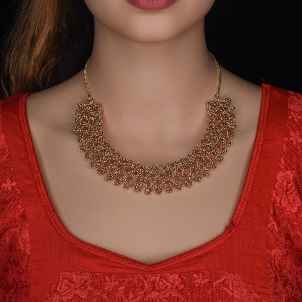 Front-facing lifestyle photo - Multicolor necklace on model
