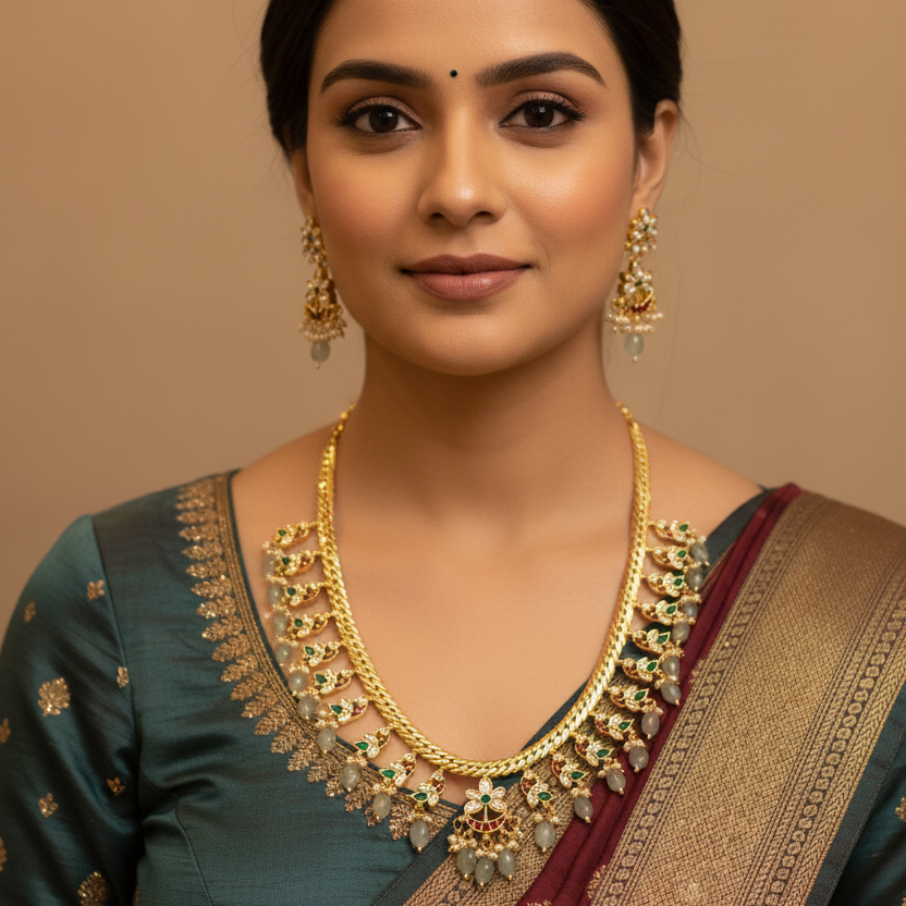 Front-facing lifestyle photo of model wearing Jadau Kundan Jalebi necklace