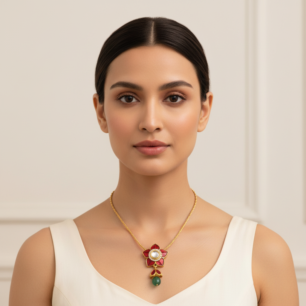 Front-facing lifestyle photo of model wearing Jadau Kundan necklace