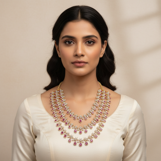 Front-facing lifestyle photo of model wearing necklace
