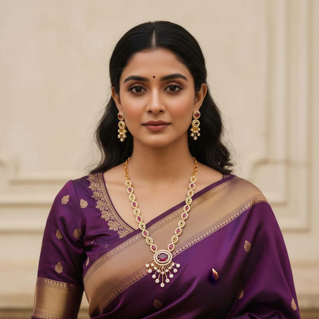Front-facing lifestyle photo of model wearing purple CZ designer necklace