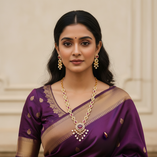 Front-facing lifestyle photo of model wearing purple CZ designer necklace