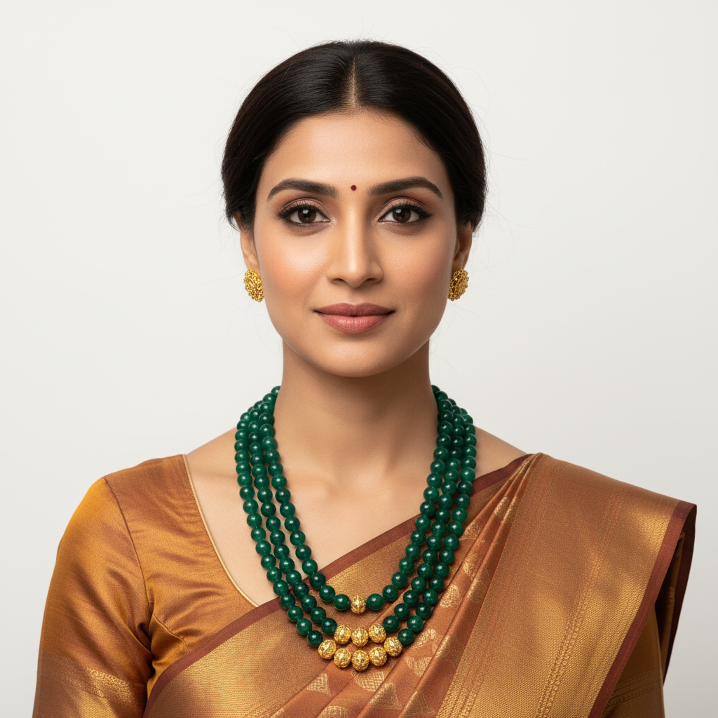 Front-facing lifestyle photo of model wearing temple necklace