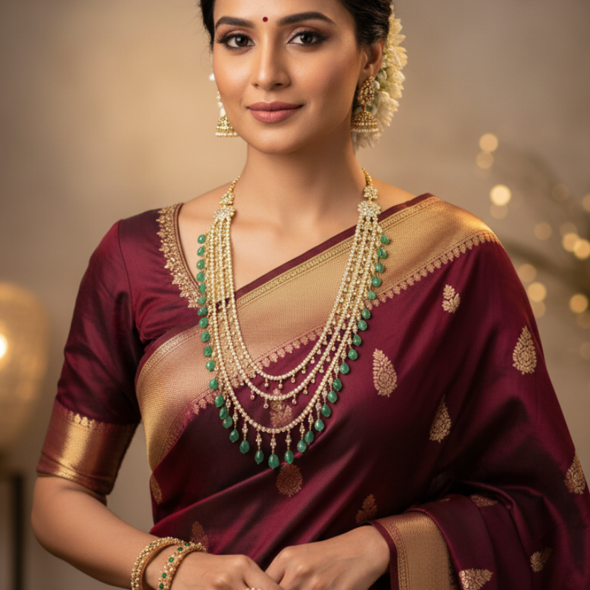 Front-facing lifestyle photo of model wearing three-layered necklace