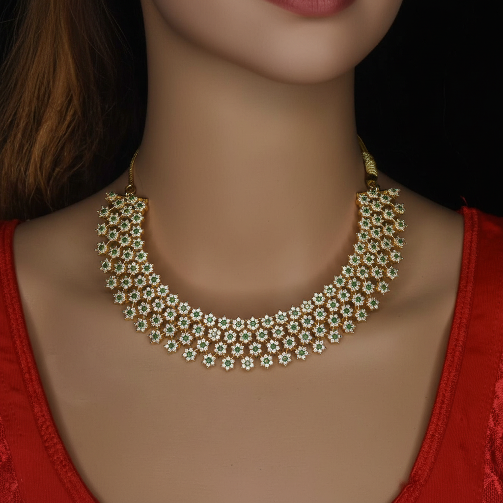 Front-facing lifestyle photo - White crystal necklace on model
