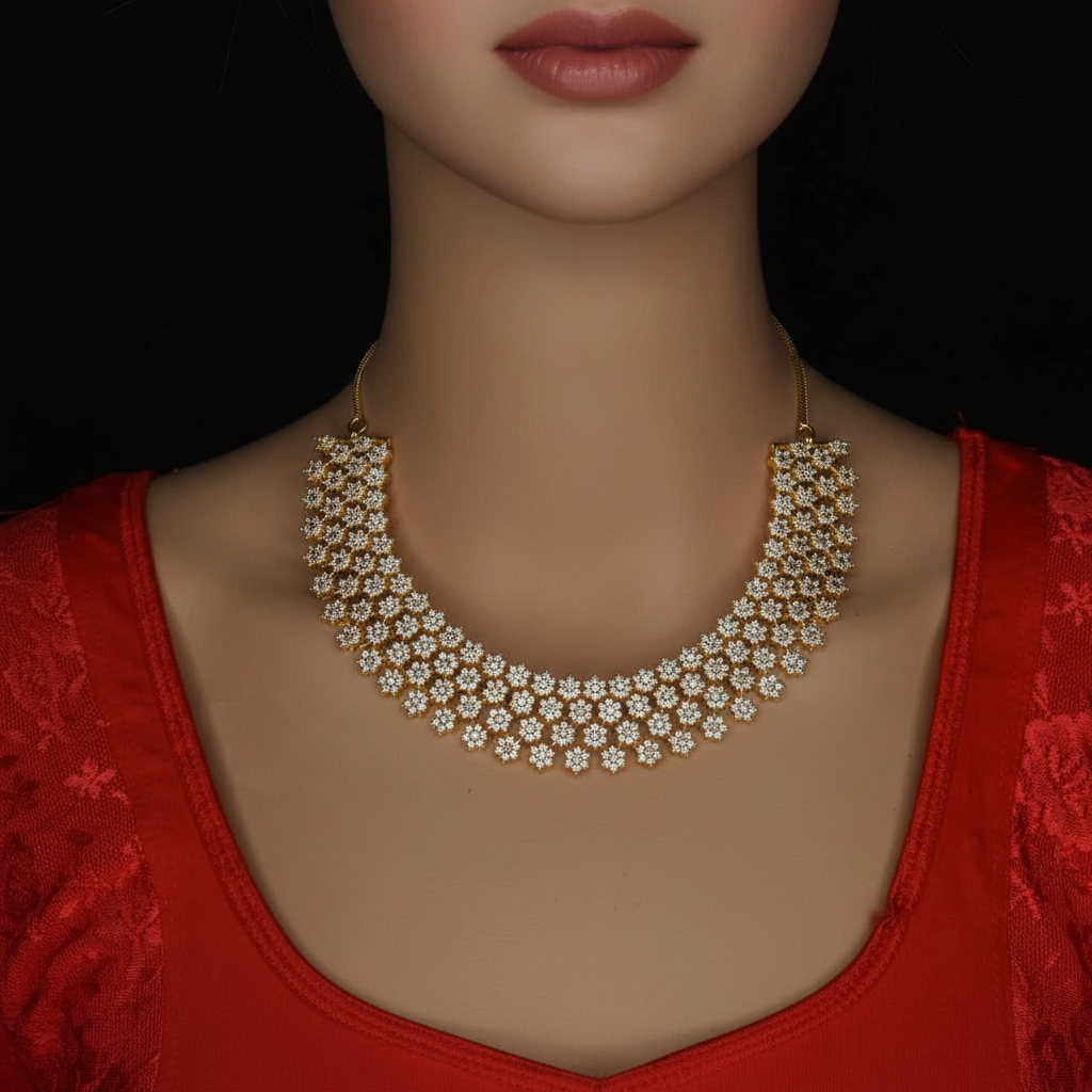 Front-facing lifestyle photo - White crystal necklace with alternative model