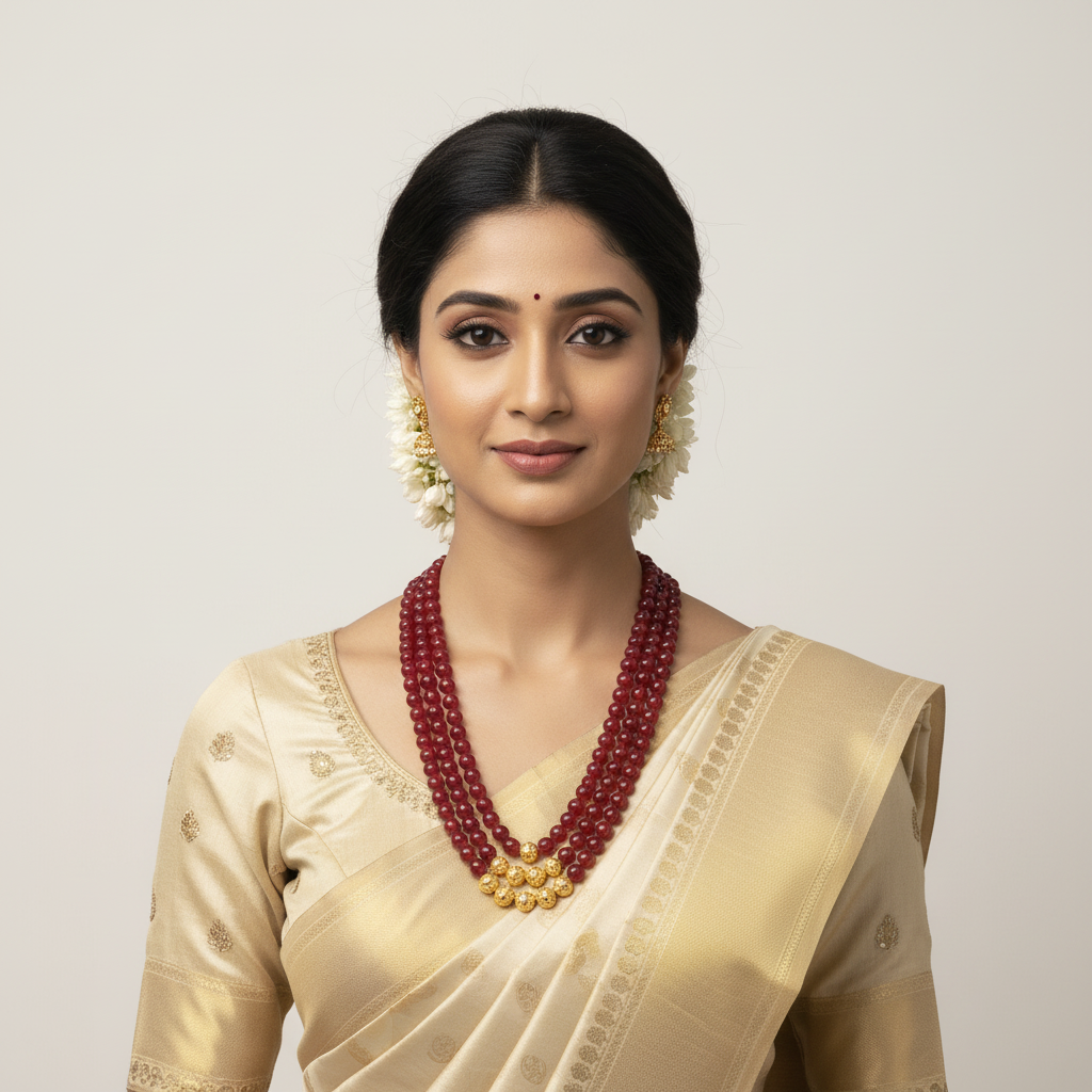 Front-facing lifestyle photo with medium-length red temple necklace