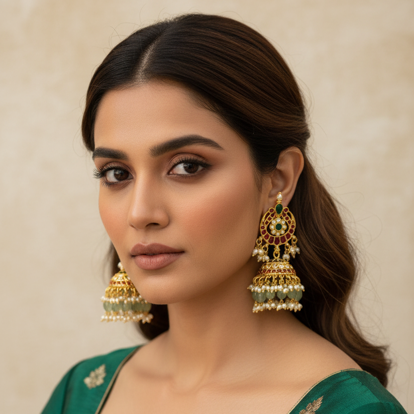 Front-facing model wearing Jadau Kundan Jhumka Earrings
