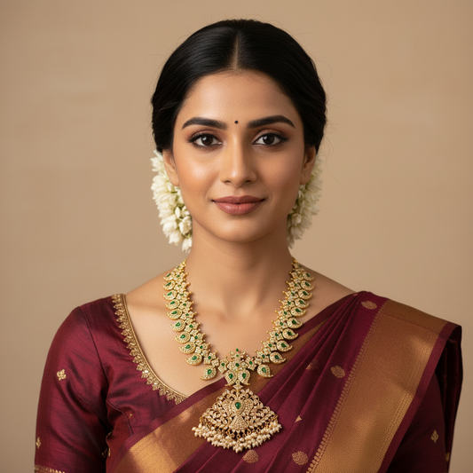 Front-facing model wearing temple necklace