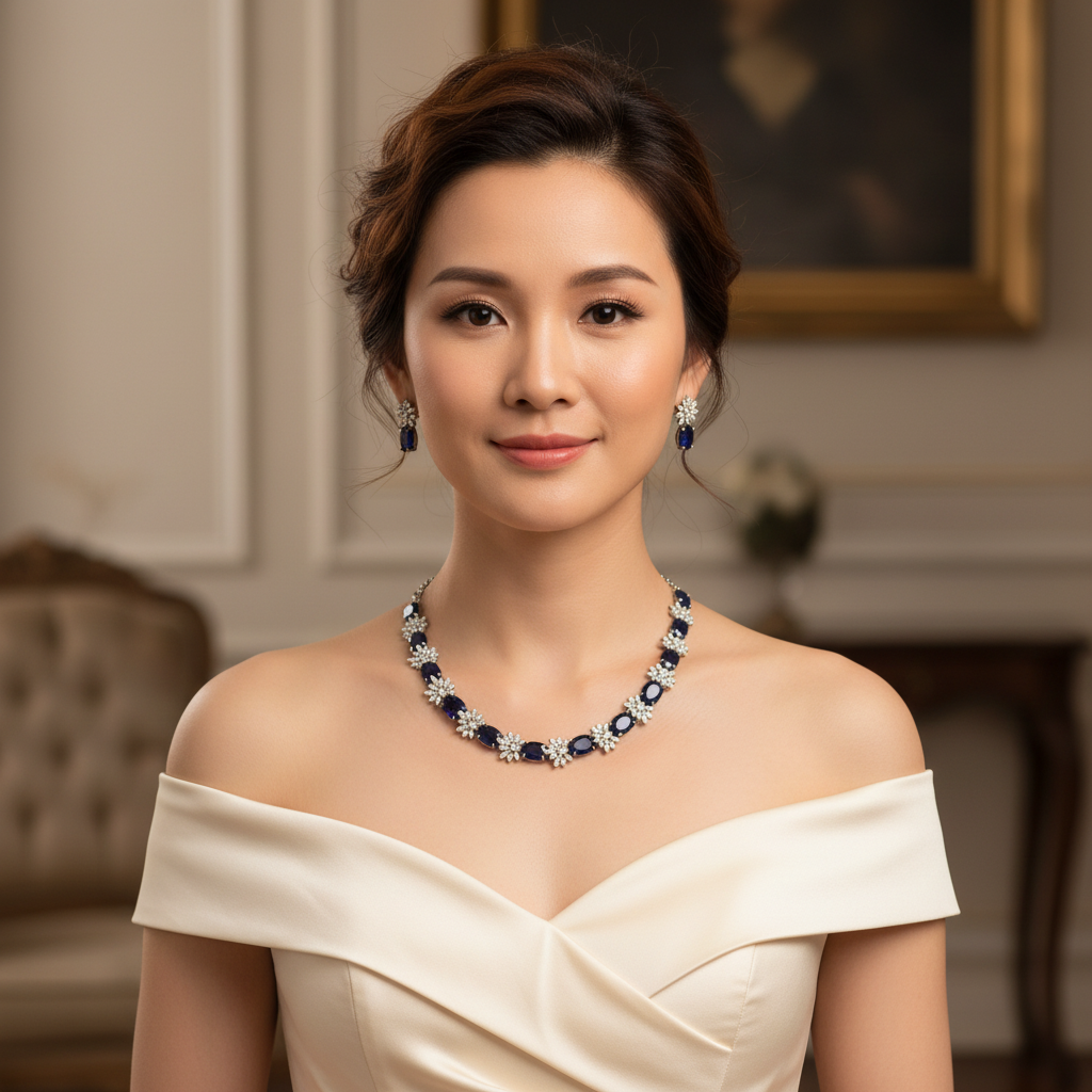 Front-facing model wearing Victorian zircon necklace