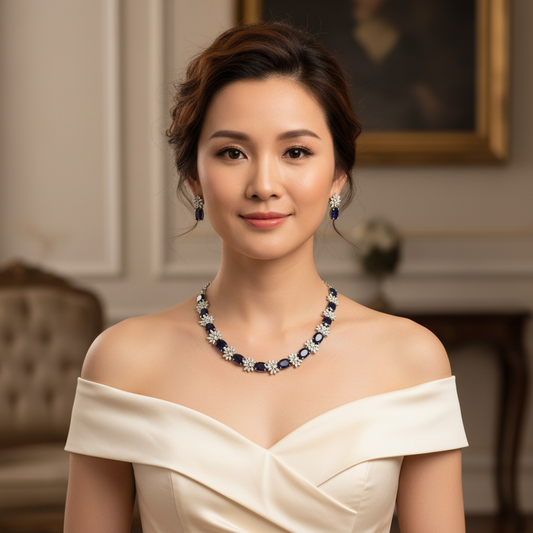 Front-facing model wearing Victorian zircon necklace