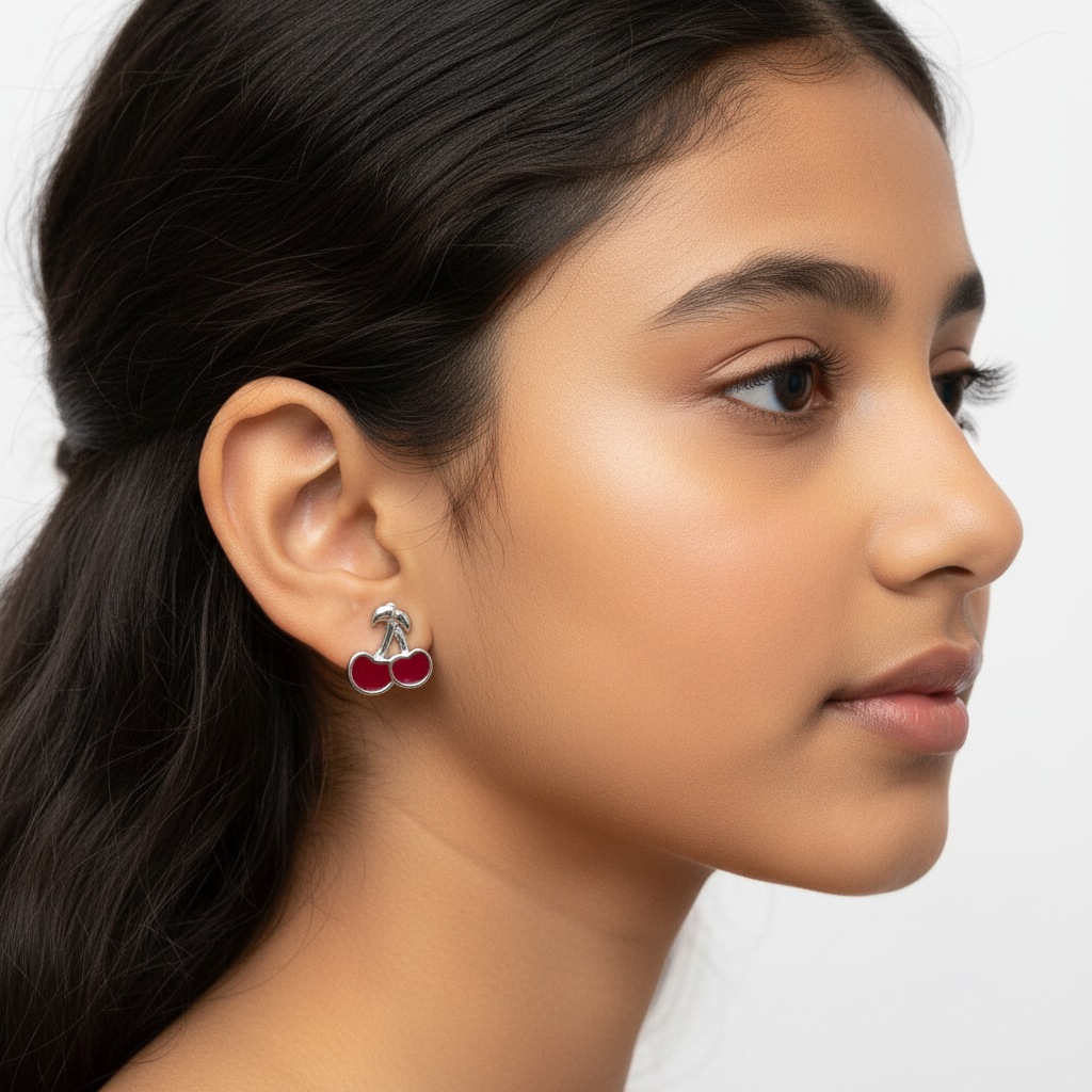 Girl wearing cherry earrings