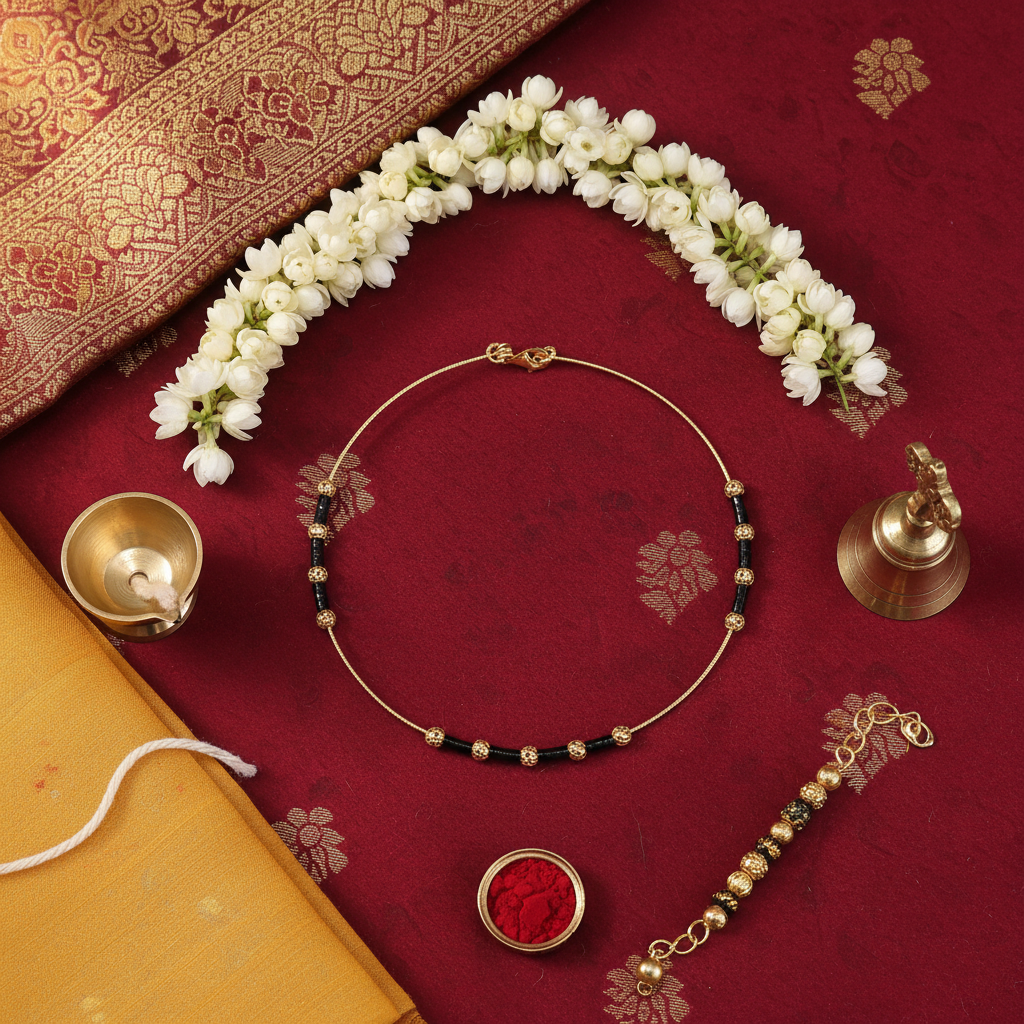 Gold and black beaded anklet flat lay with cultural elements