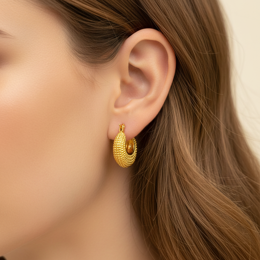 Gold Bali Hoop Earrings Model Close Up Ear Shot