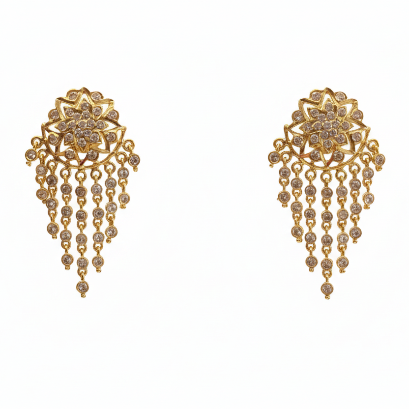 Gold chandelier earrings on white background