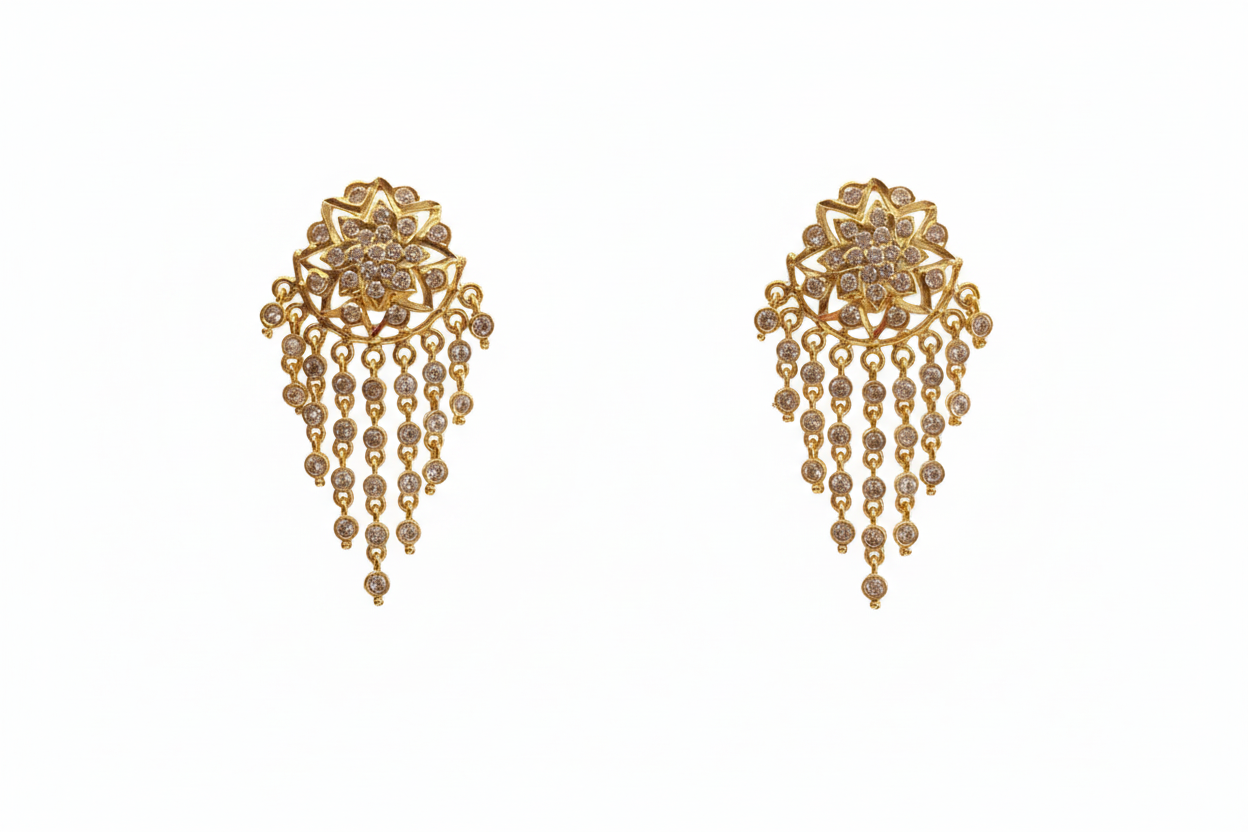 Gold chandelier earrings on white background
