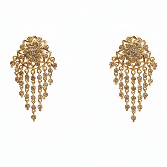 Gold chandelier earrings on white background