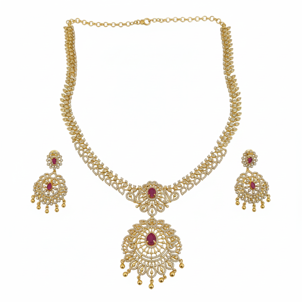 Gold CZ Necklace Set White Background - Ruby