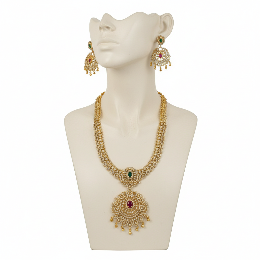 Gold CZ Ruby Emerald Necklace Set on Mannequin