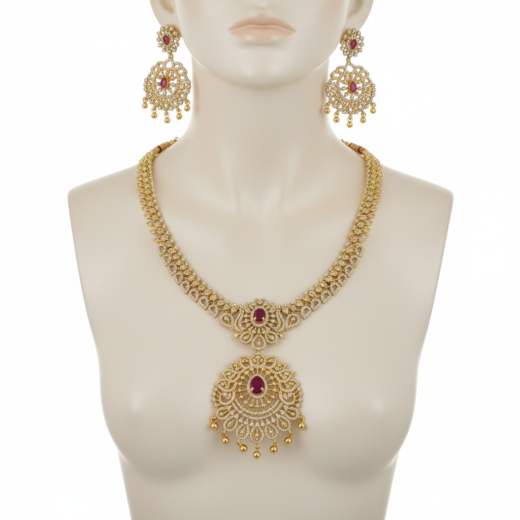 Gold CZ Ruby Necklace Set on Mannequin