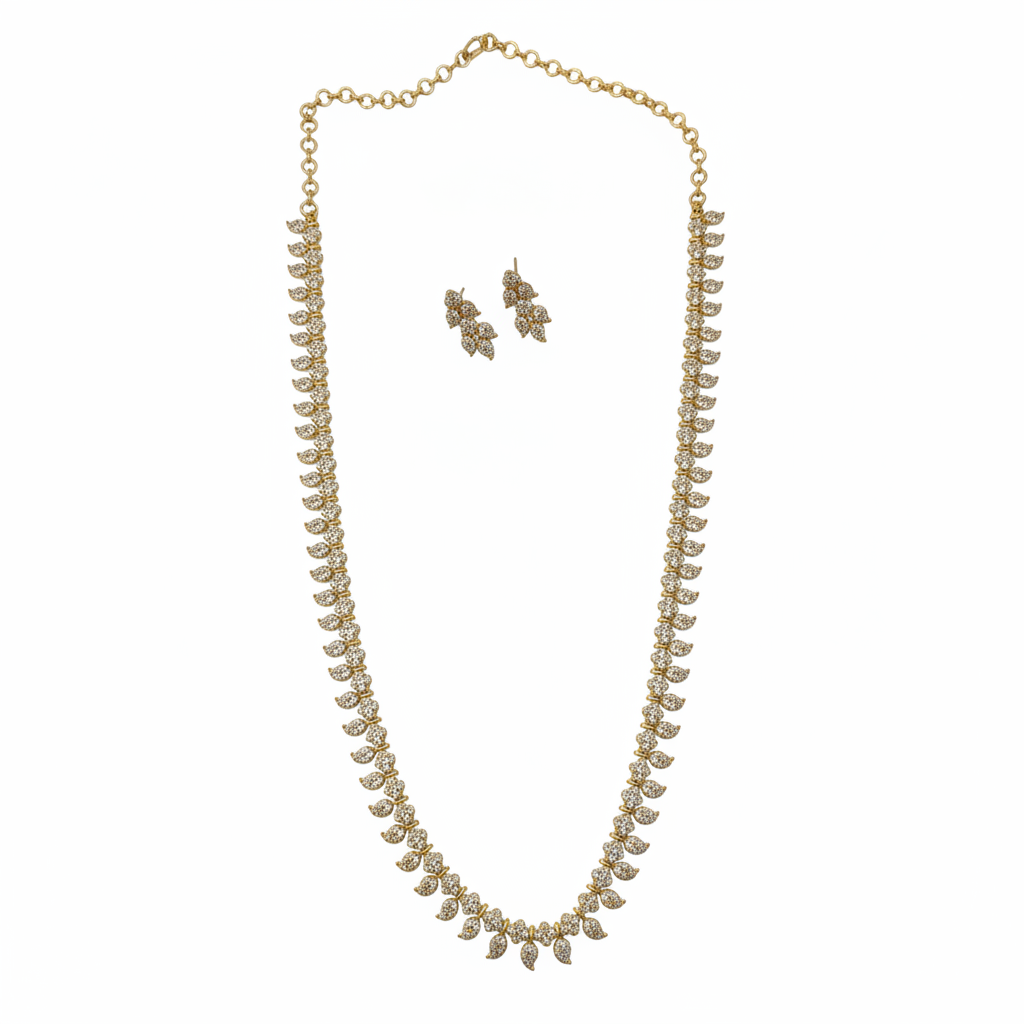 Gold Diamond Leaf Necklace Set – White Background