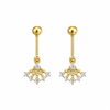 Gold drop earrings with fan-shaped crystal charm on white background