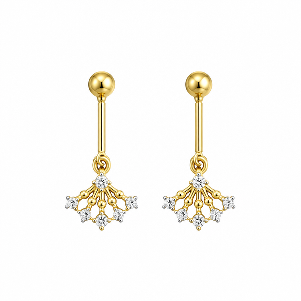 Gold drop earrings with fan-shaped crystal charm on white background