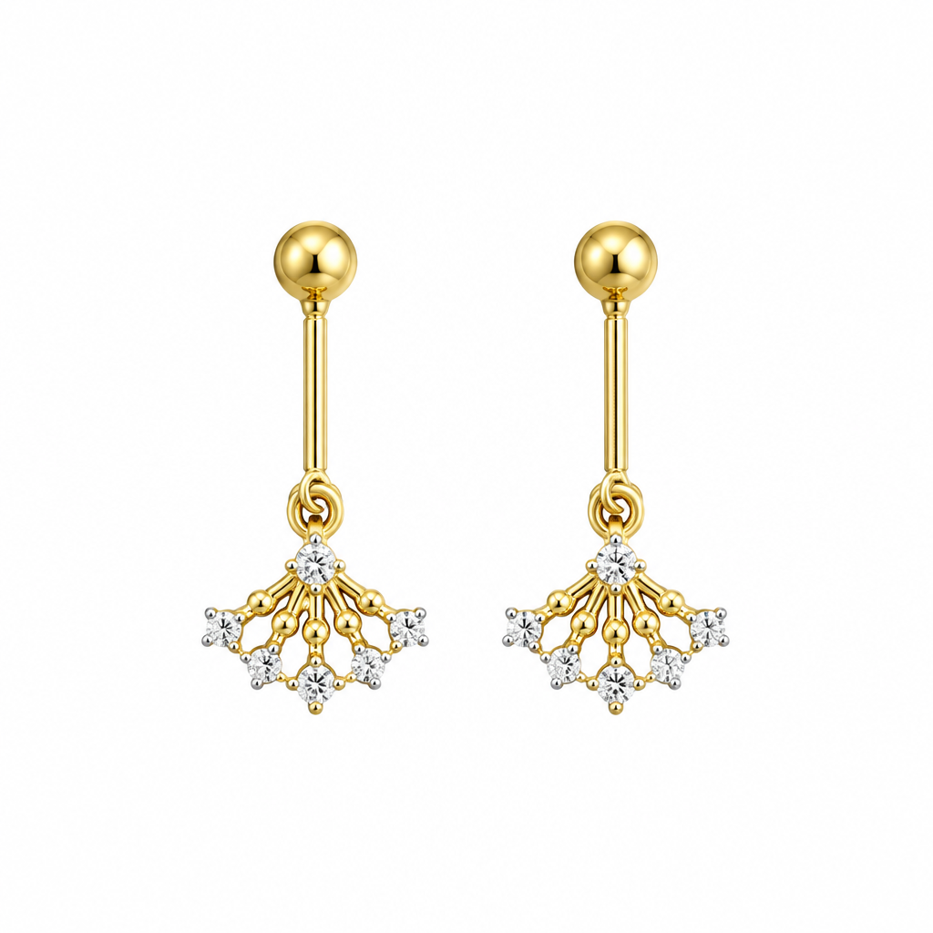 Gold drop earrings with fan-shaped crystal charm on white background