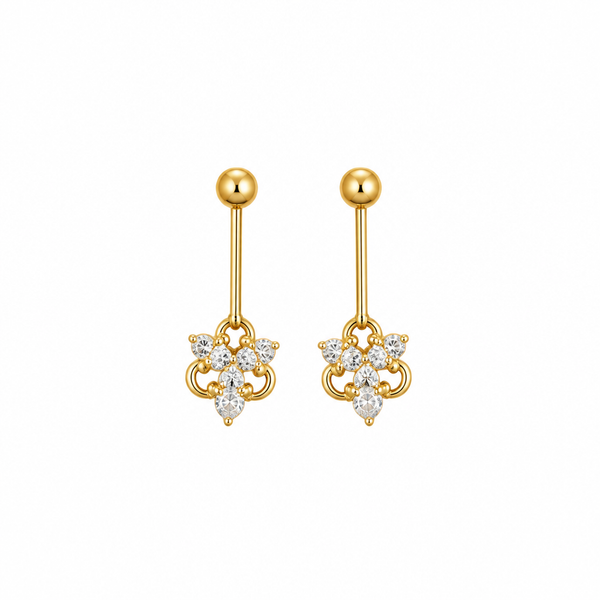Gold drop earrings with flower-shaped crystal cluster charm on white background