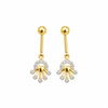 Gold drop earrings with heart and crystal arc charm on white background