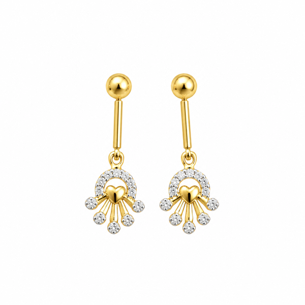 Gold drop earrings with heart and crystal arc charm on white background