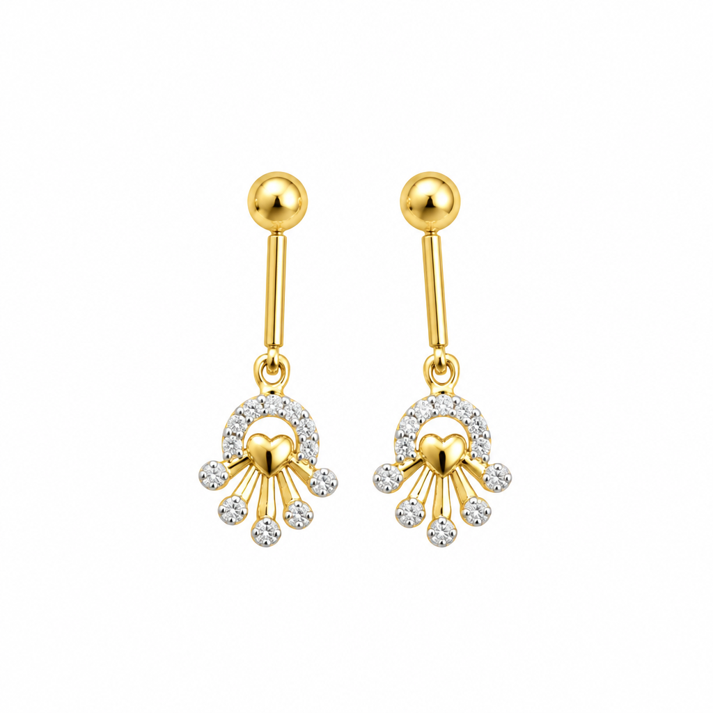 Gold drop earrings with heart and crystal arc charm on white background