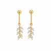 Gold drop earrings with marquise crystal leaf charm on white background