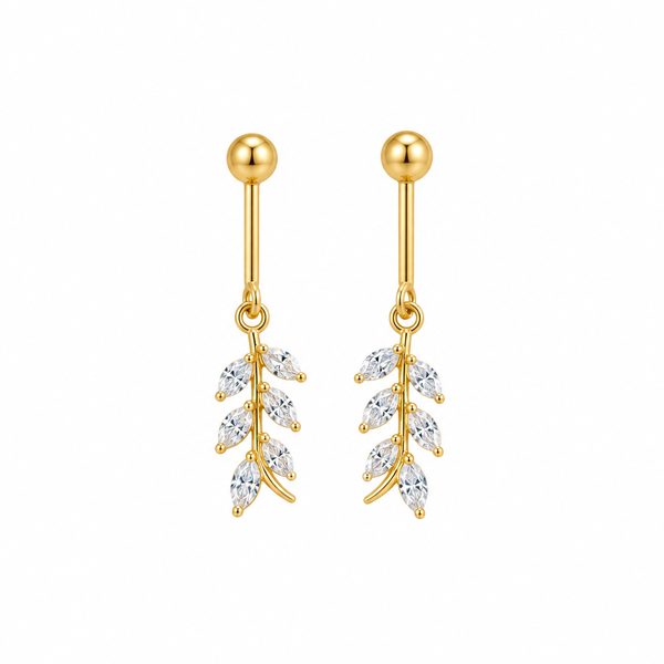 Gold drop earrings with marquise crystal leaf charm on white background