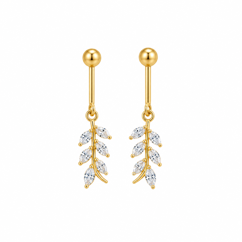Gold drop earrings with marquise crystal leaf charm on white background