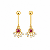 Gold drop earrings with ruby-centre fan charm on white background