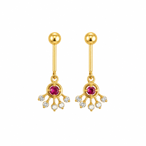 Gold drop earrings with ruby-centre fan charm on white background