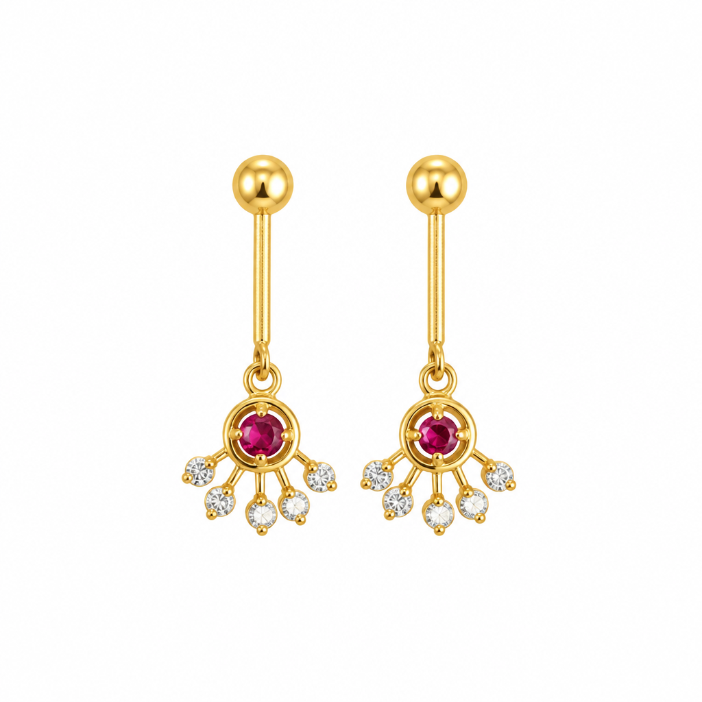 Gold drop earrings with ruby-centre fan charm on white background