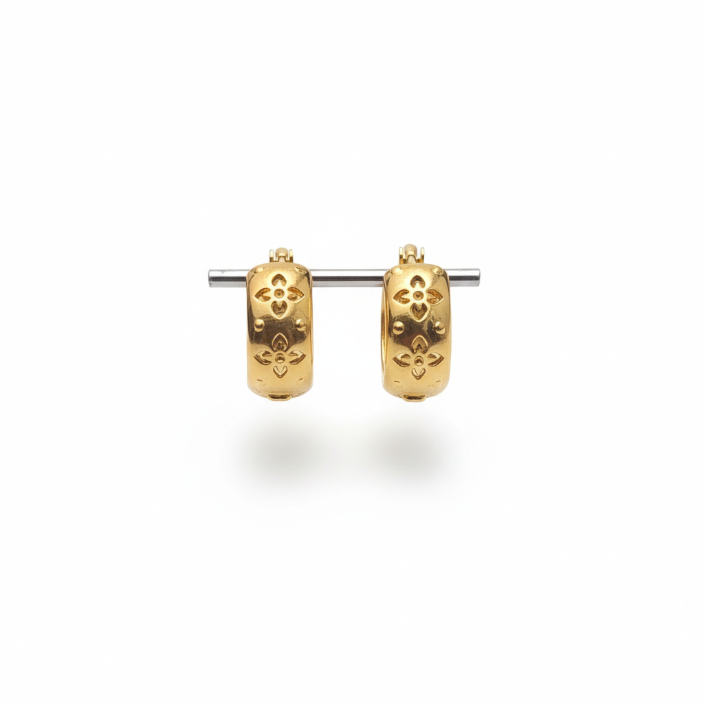 Gold Floral Hoop Earrings – White Background