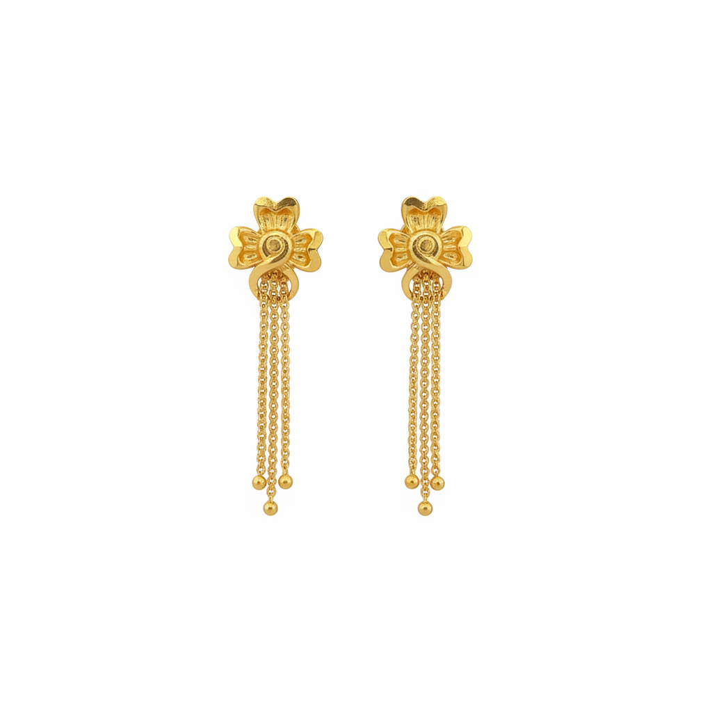 Gold Flower Tassel Earrings – No Stones, White Background