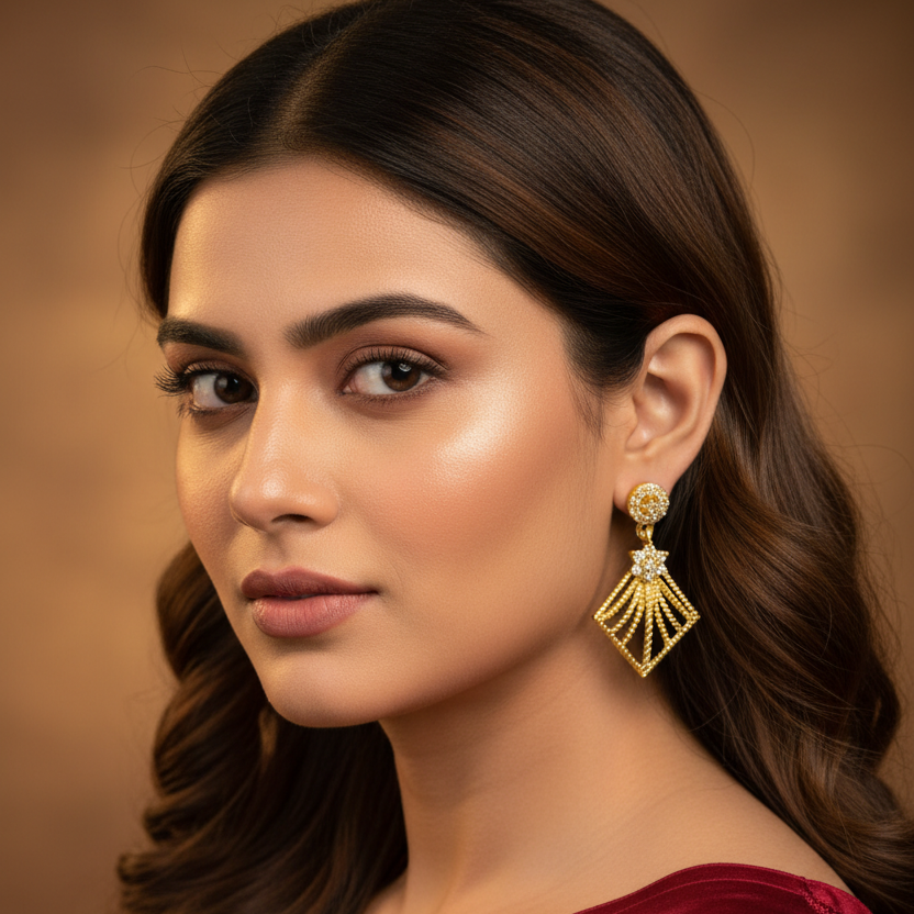 Gold Geometric Drop Earrings on Model