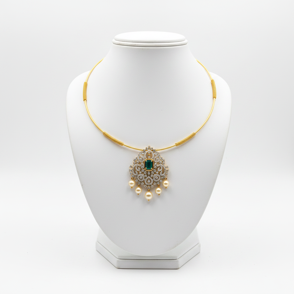 Gold Hasli Choker with Emerald Pendant on Mannequin