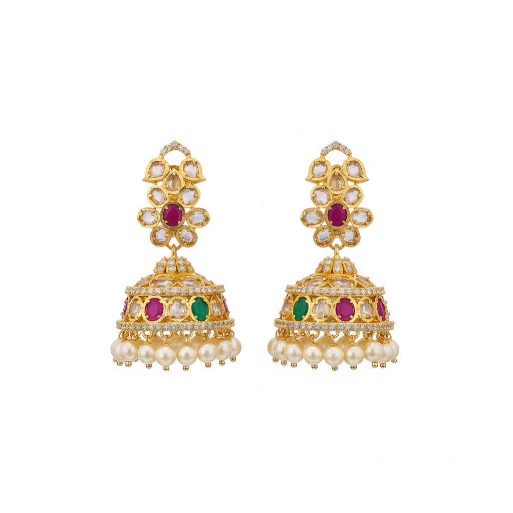 Gold Kundan Pearl Jhumka –
