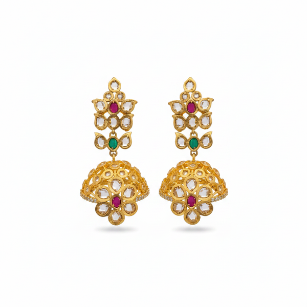 Gold Plated Polki Jhumka Earrings - 