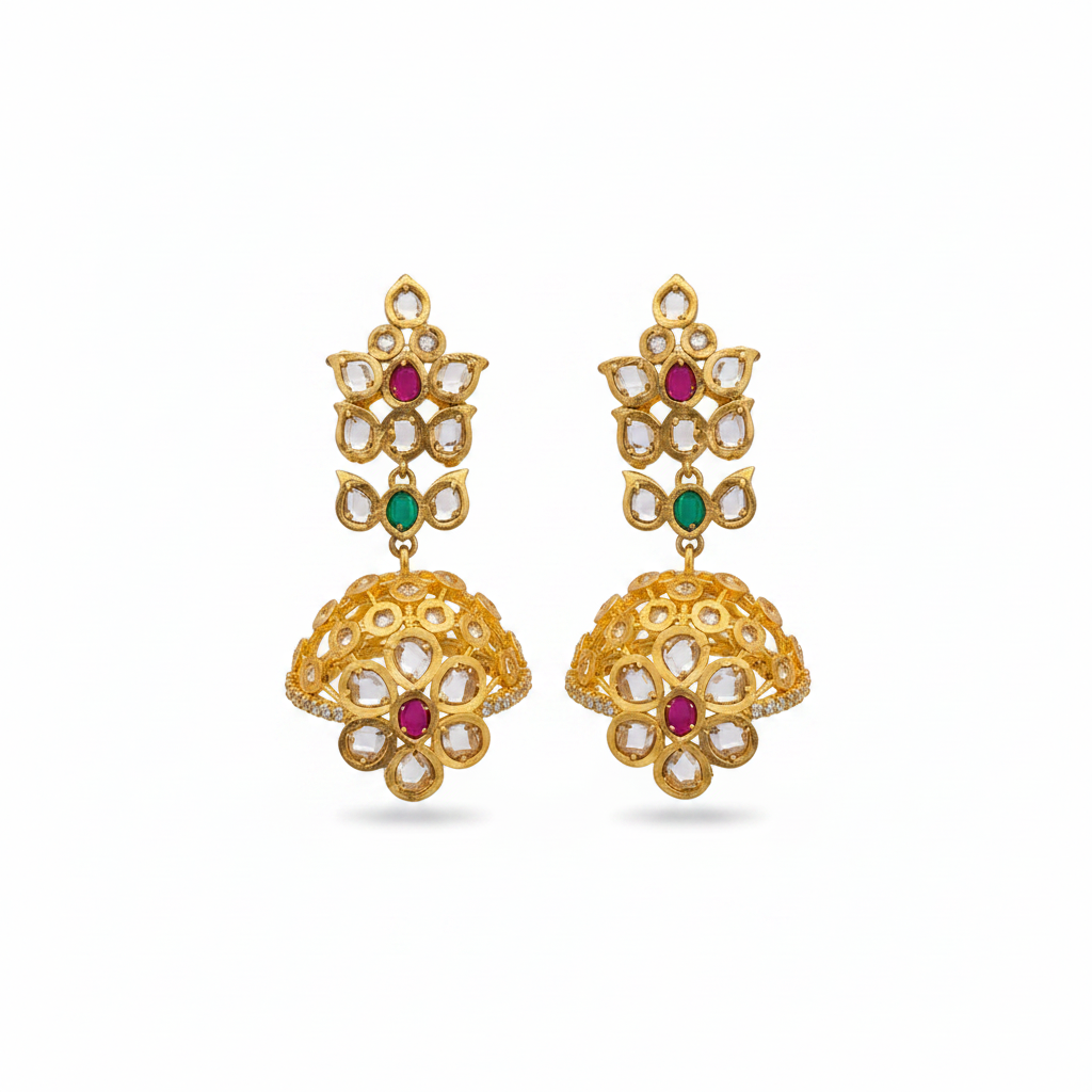 Gold Plated Polki Jhumka Earrings - 