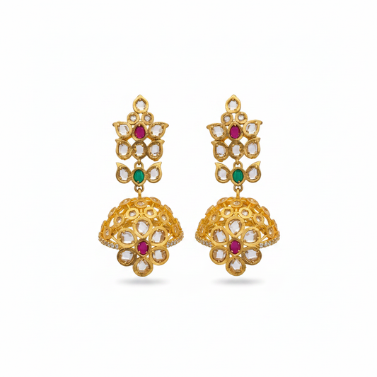 Gold Plated Polki Jhumka Earrings - 