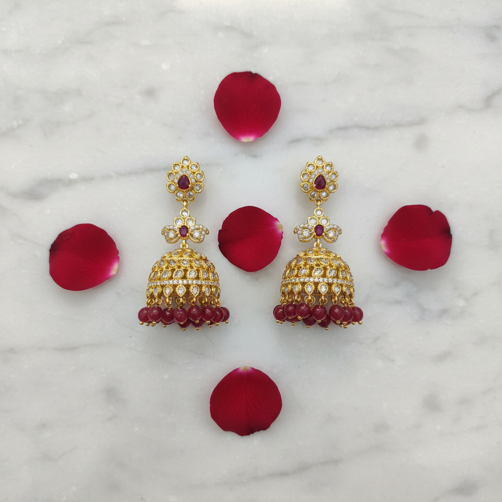 Gold Polki Ruby Dome Jhumka – Flat Lay